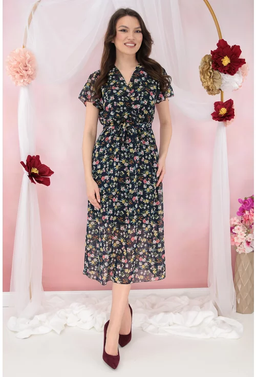 Rochie din voal bleumarin cu print floral multicolor si decolteu parte peste parte