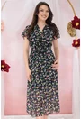 Rochie din voal bleumarin cu print floral multicolor si decolteu parte peste parte