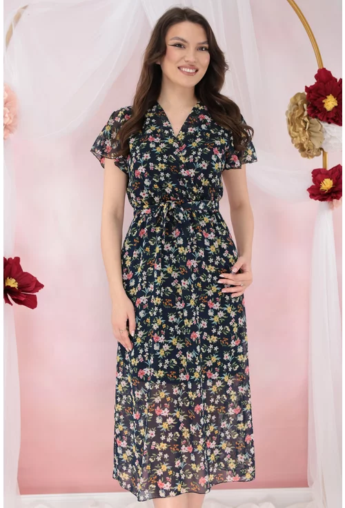 Rochie din voal bleumarin cu print floral multicolor si decolteu parte peste parte