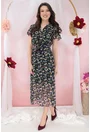 Rochie din voal bleumarin cu print floral multicolor si decolteu parte peste parte