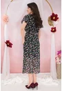 Rochie din voal bleumarin cu print floral multicolor si decolteu parte peste parte