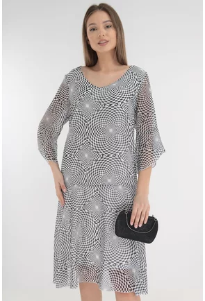 Rochie din voal cu imprimeu geometric alb-negru