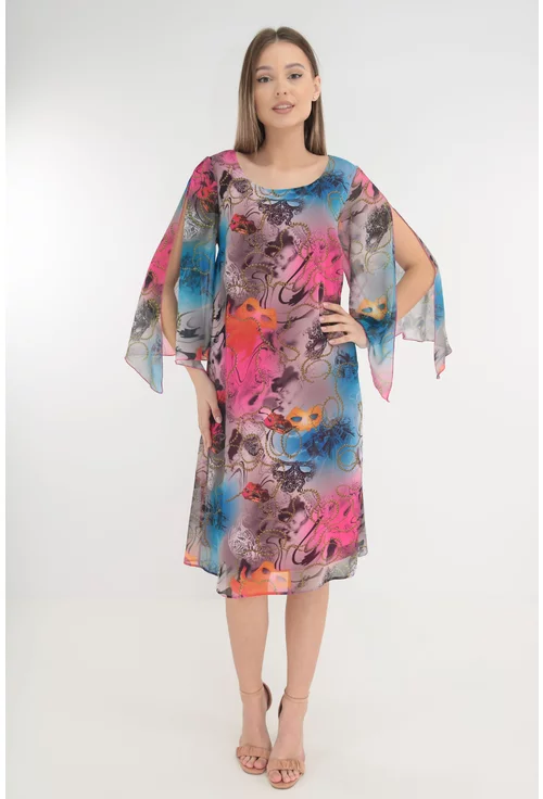 Rochie din voal cu print abstract roz-albastru