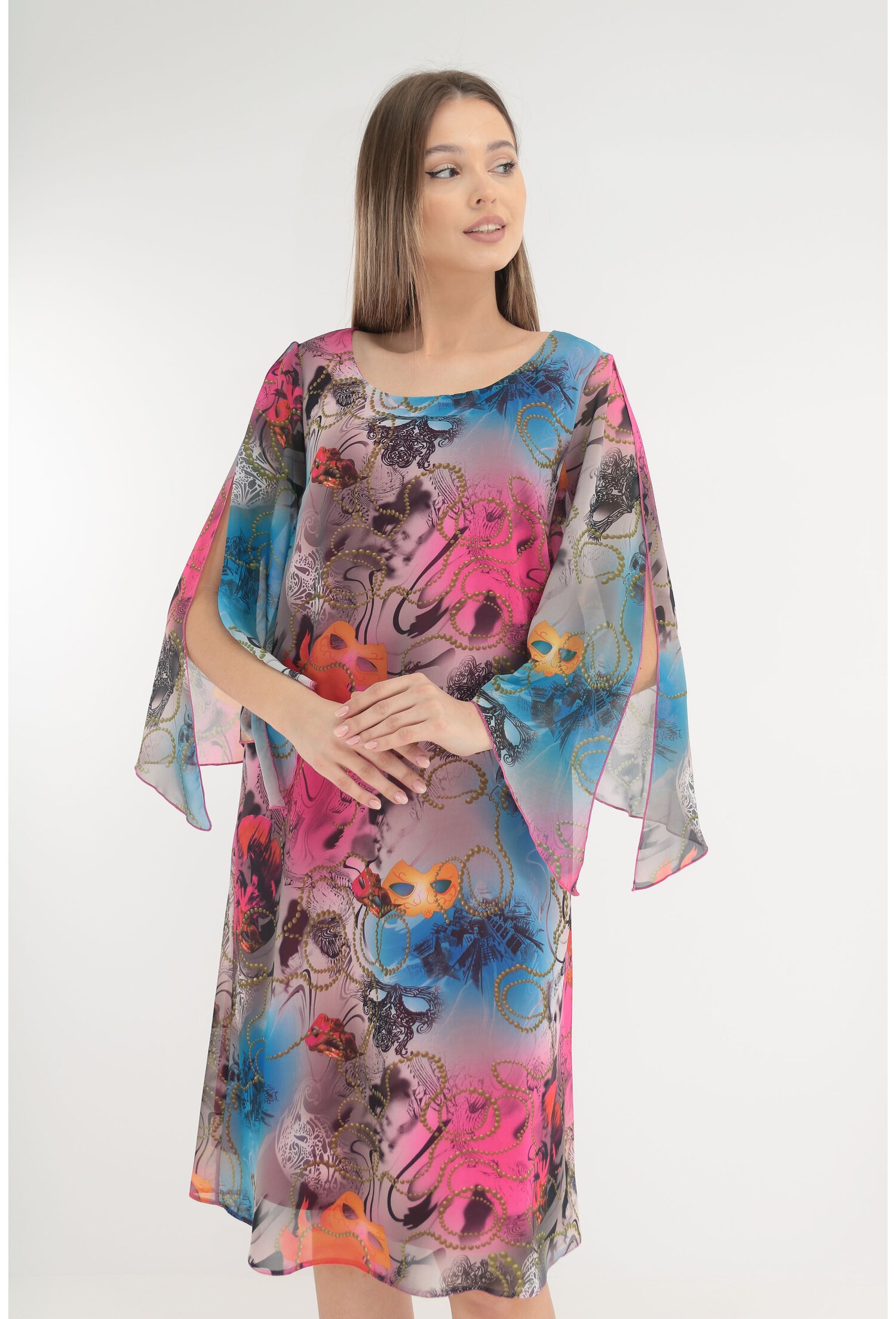 Rochie din voal cu print abstract roz-albastru