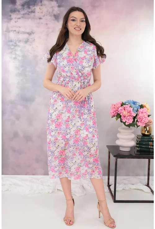 Rochie din voal cu print floral roz-alb si decolteu parte peste parte