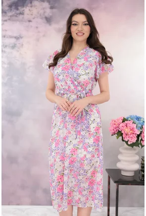 Rochie din voal cu print floral roz-alb si decolteu parte peste parte