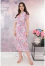 Rochie din voal cu print floral roz-alb si decolteu parte peste parte