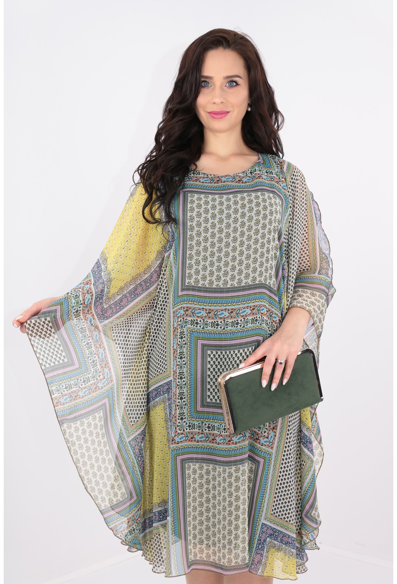 Rochie din voal cu print geometric si fir metalic