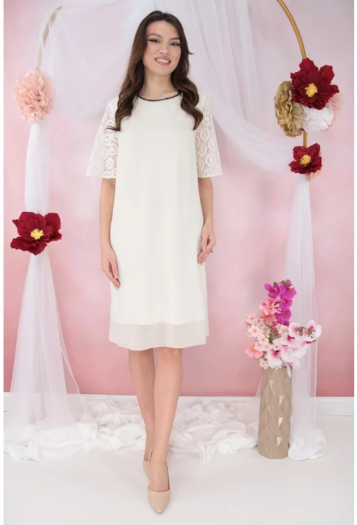 Rochie din voal ivory cu margelute la decolteu