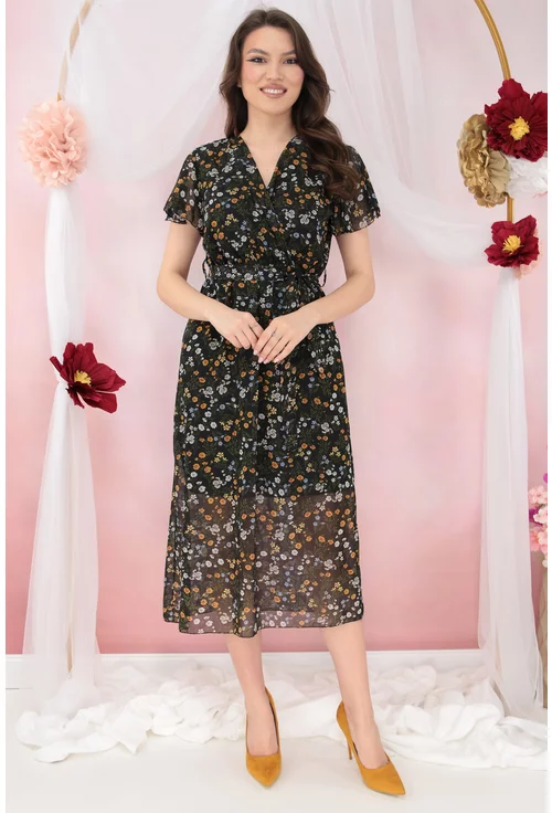 Rochie din voal negru cu print floral bej si decolteu parte peste parte