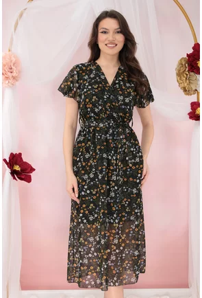 Rochie din voal negru cu print floral bej si decolteu parte peste parte