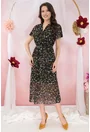 Rochie din voal negru cu print floral bej si decolteu parte peste parte