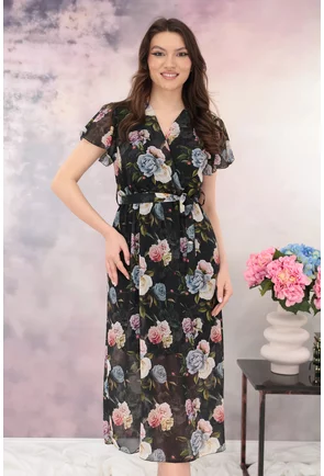 Rochie din voal negru cu trandafiri imprimati si decolteu parte peste parte