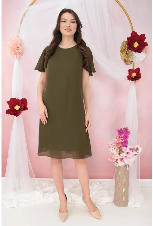 Rochie din voal olive cu margelute la decolteu