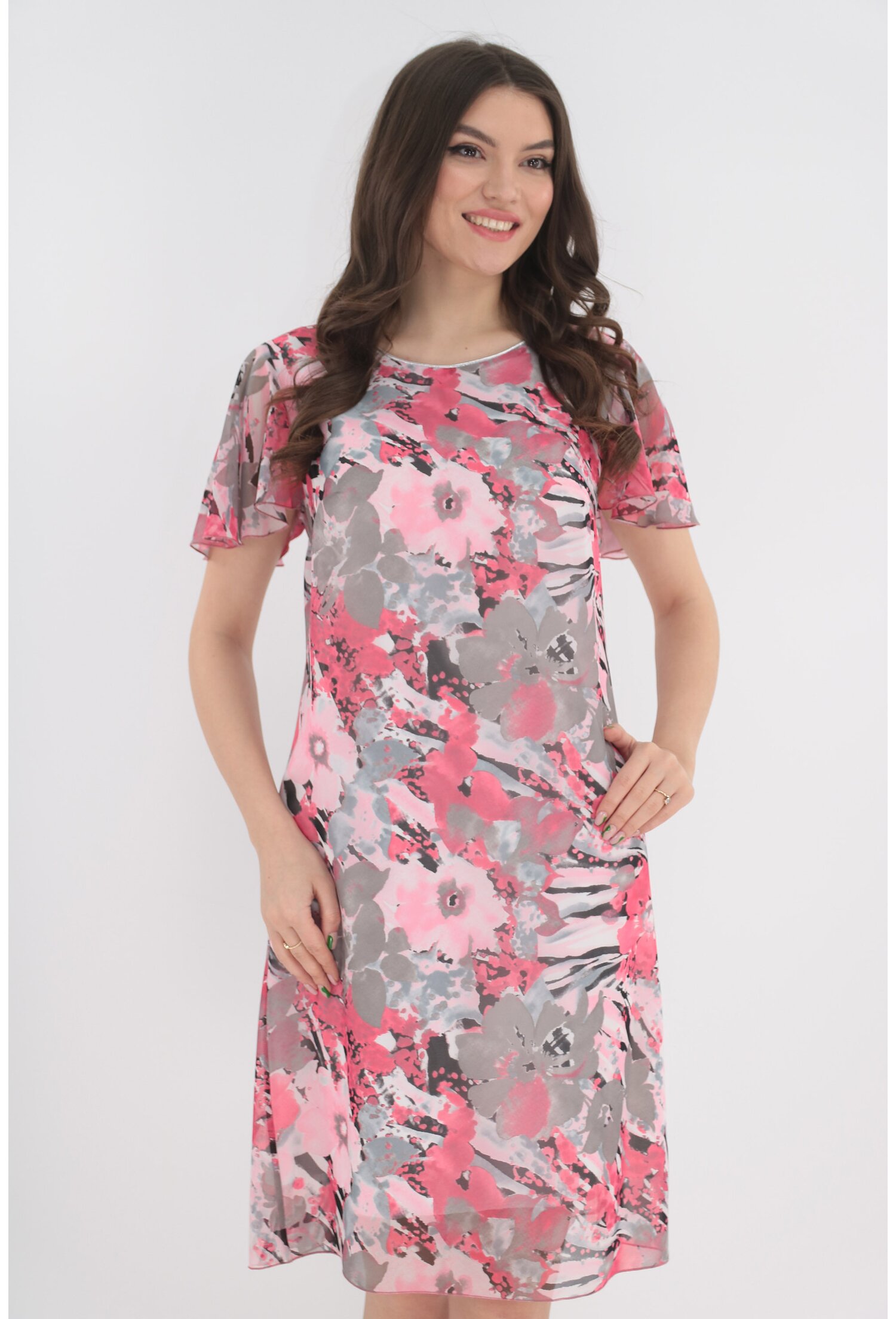 Rochie din voal roz cu imprimeu floral maxi