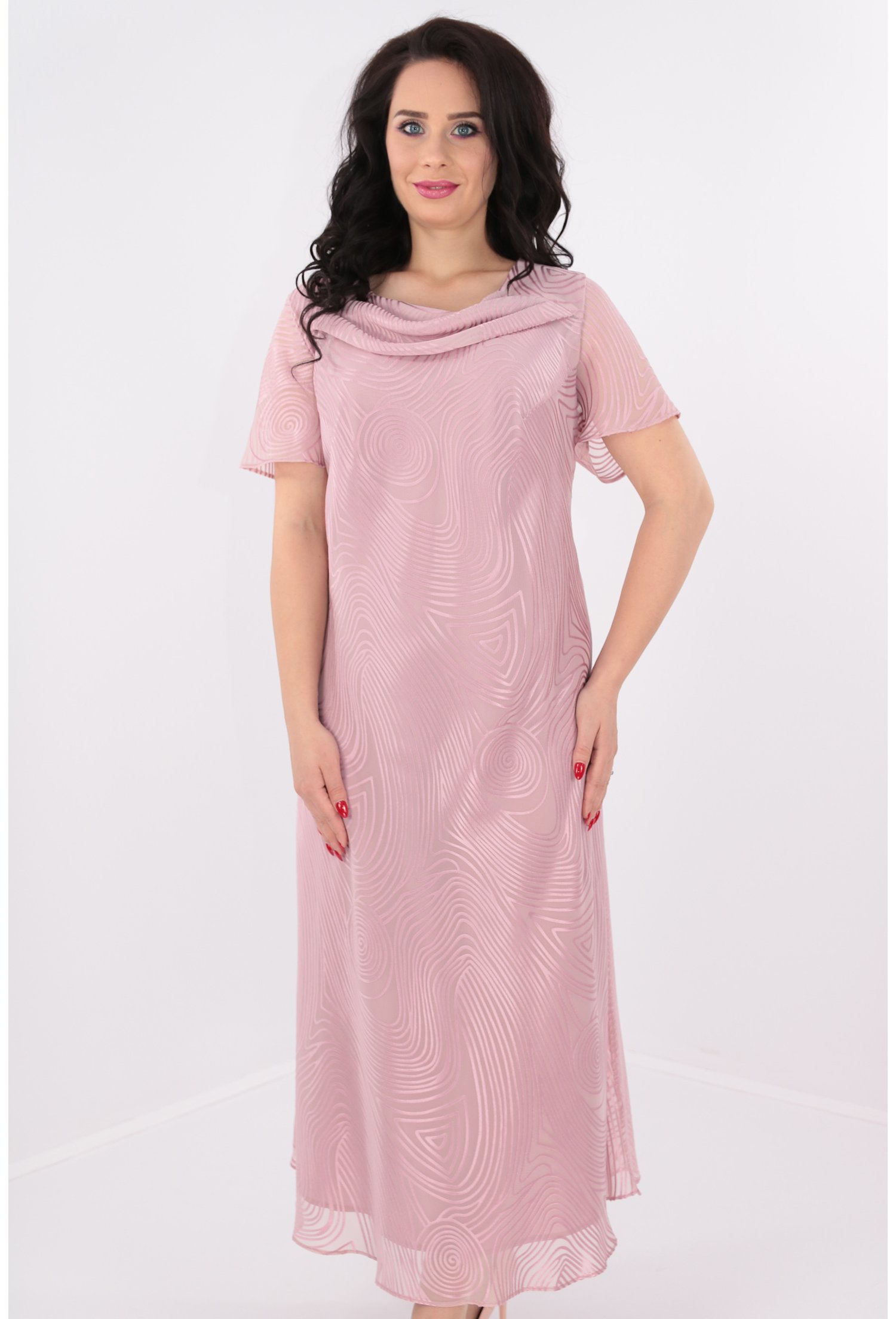 Rochie din voal roz-pudra cu print abstract