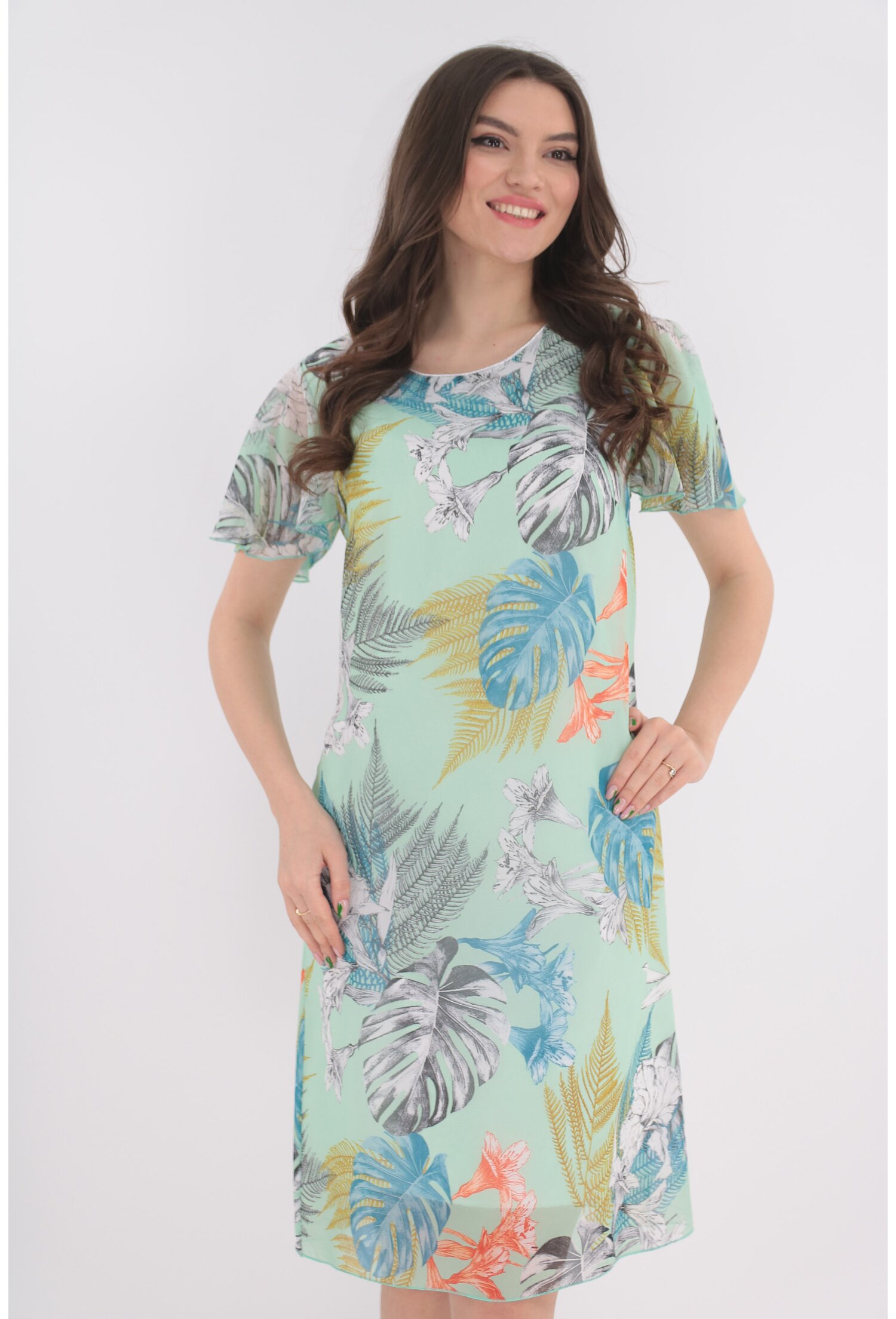 Rochie din voal vernil cu print exotic maxi
