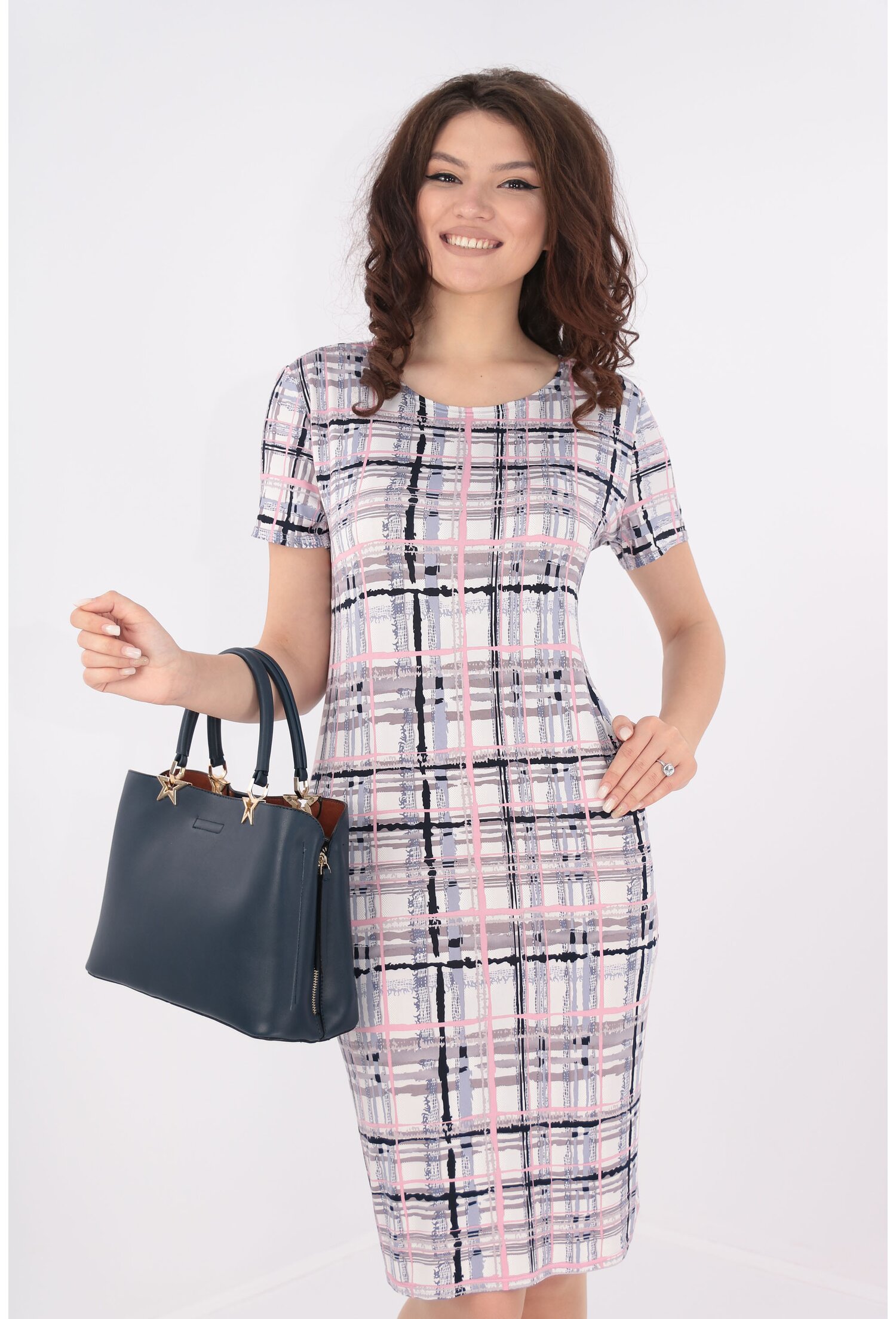 Rochie dreapta alba cu dungi bleumarin-roz
