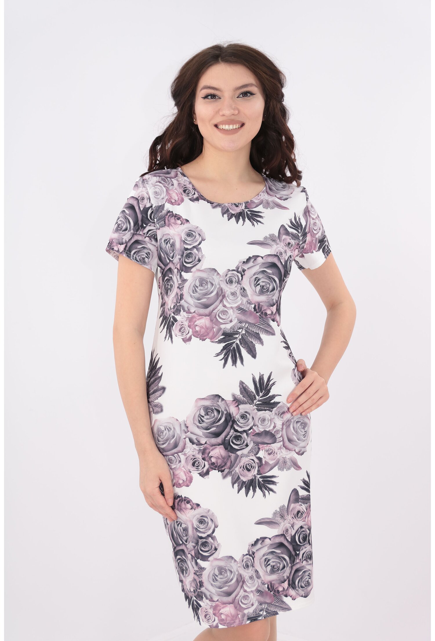 Rochie dreapta alba cu trandafiri lila