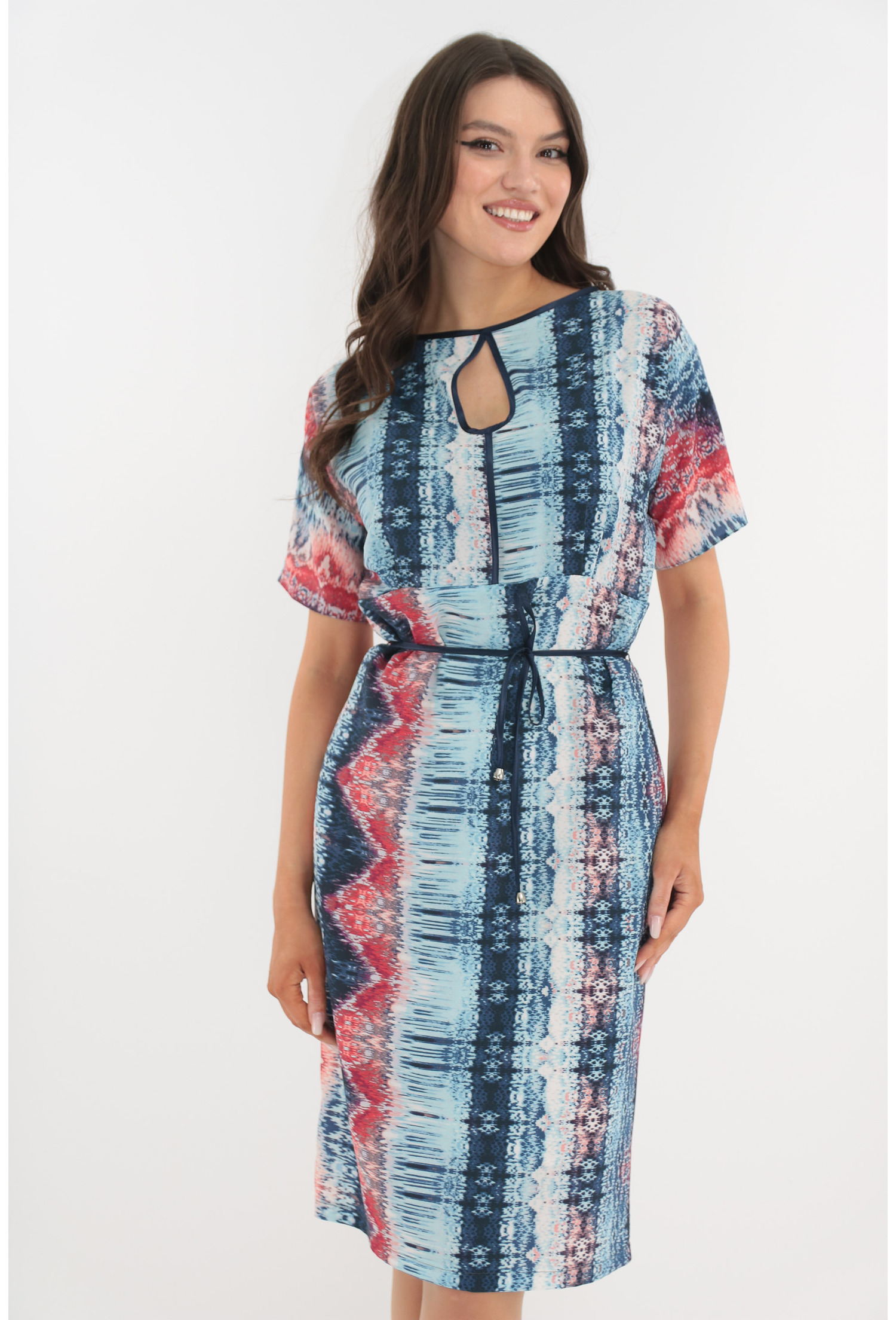 Rochie dreapta albastra cu print abstract rosu