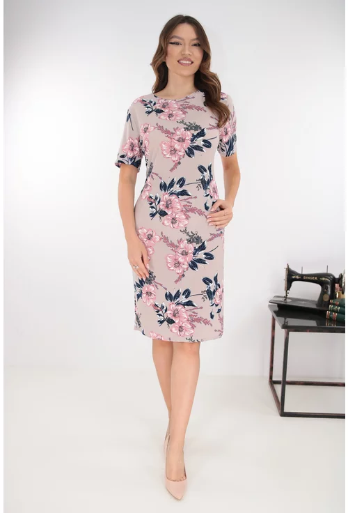 Rochie dreapta bej cu imprimeu floral maxi roz