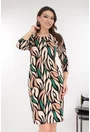 Rochie dreapta bej cu print abstract negru-verde