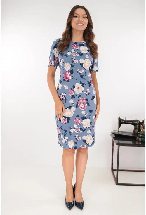 Rochie dreapta bleu cu imprimeu floral roz-bej