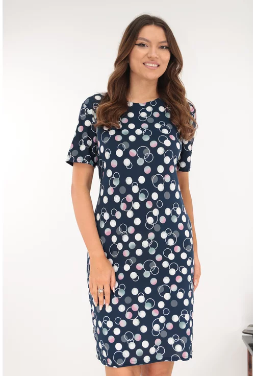 Rochie dreapta bleumarin cu buline albe si roz