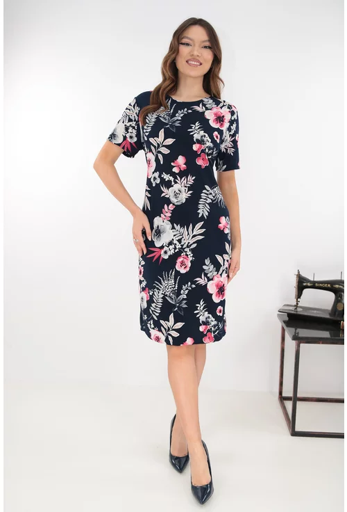 Rochie dreapta bleumarin cu flori maxi roz-gri