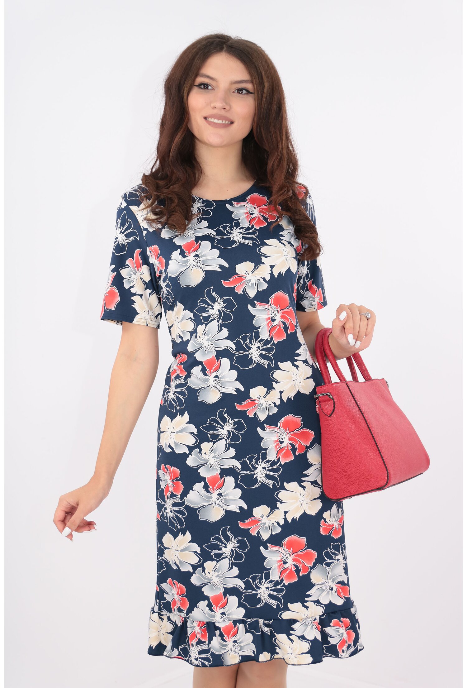 Rochie dreapta bleumarin cu flori rosii