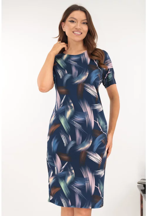 Rochie dreapta bleumarin cu imprimeu abstract lila-vernil