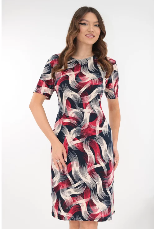 Rochie dreapta bleumarin cu imprimeu abstract rosu-bej
