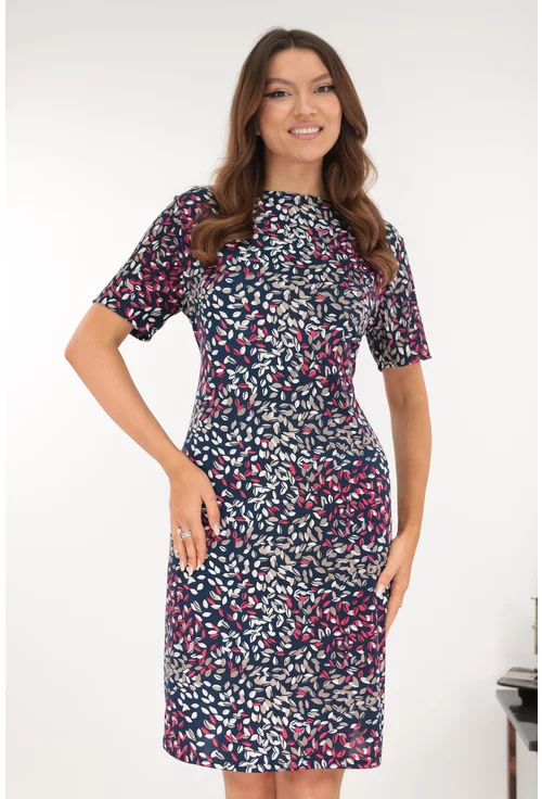 Rochie dreapta bleumarin cu imprimeu floral alb-roz
