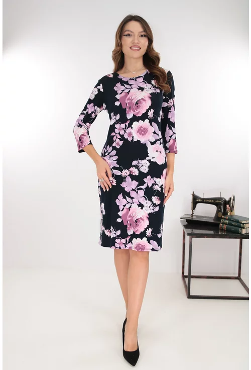 Rochie dreapta bleumarin cu imprimeu floral maxi lila