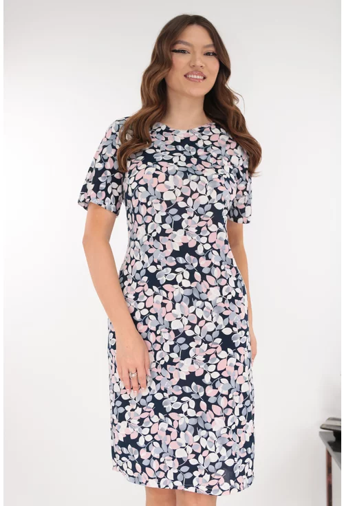Rochie dreapta bleumarin cu imprimeu floral roz-bleu