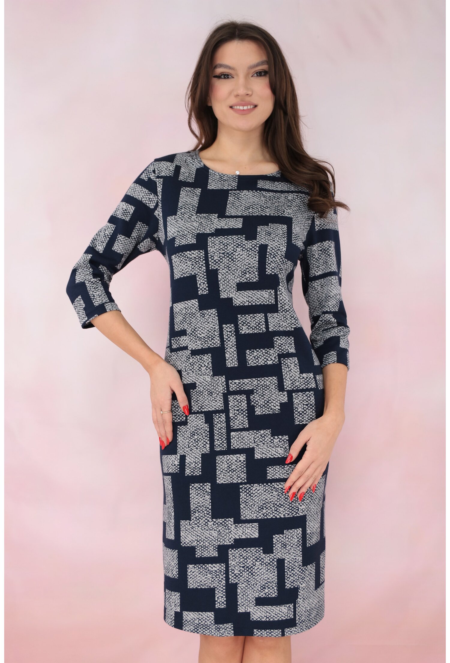 Rochie dreapta bleumarin cu imprimeu geometric gri