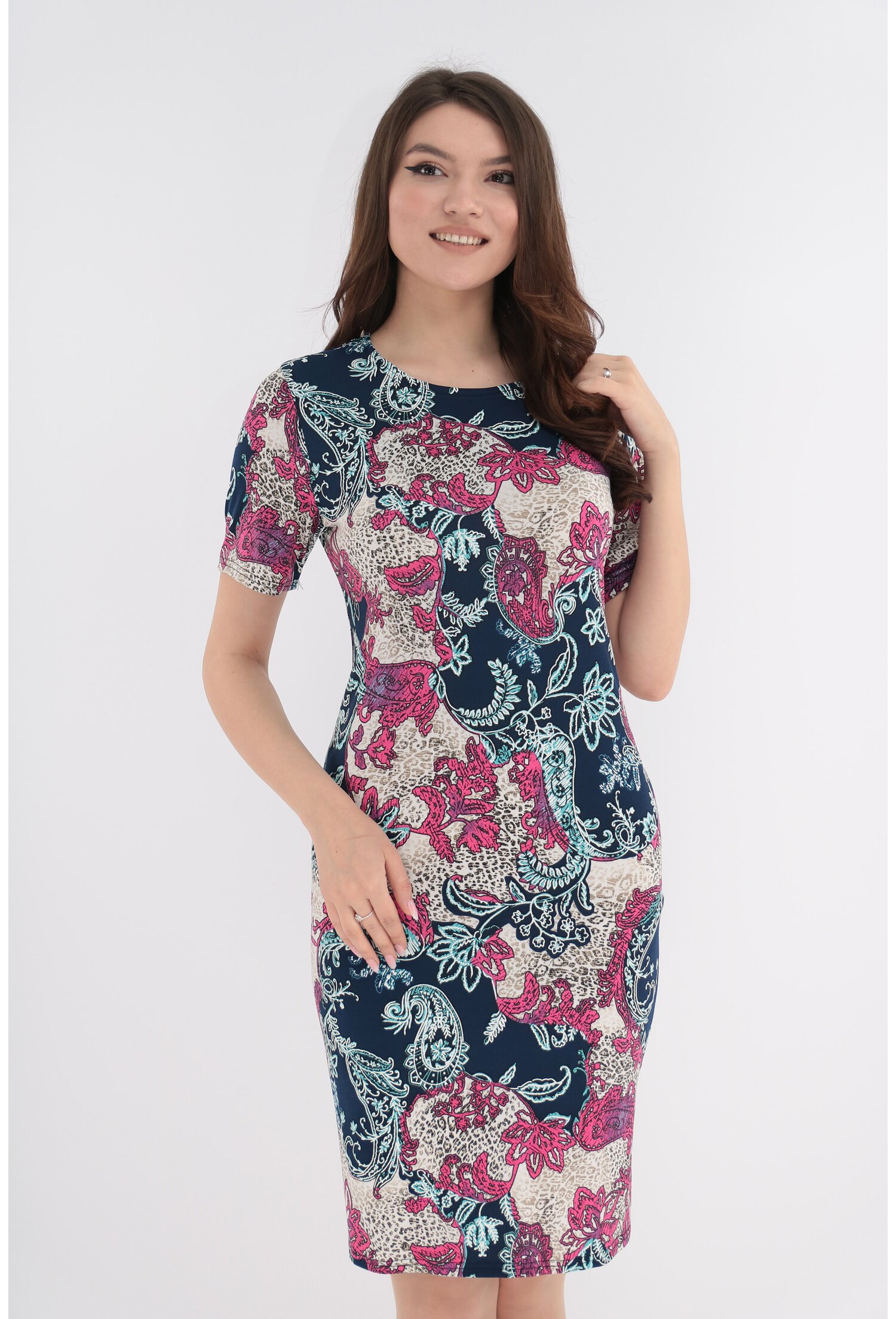 Rochie dreapta bleumarin cu print abstract crem-fucsia