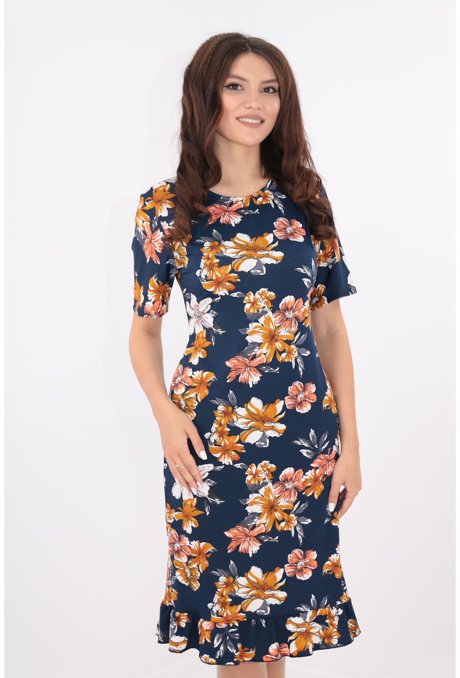 Rochie dreapta bleumarin cu print floral caramiziu
