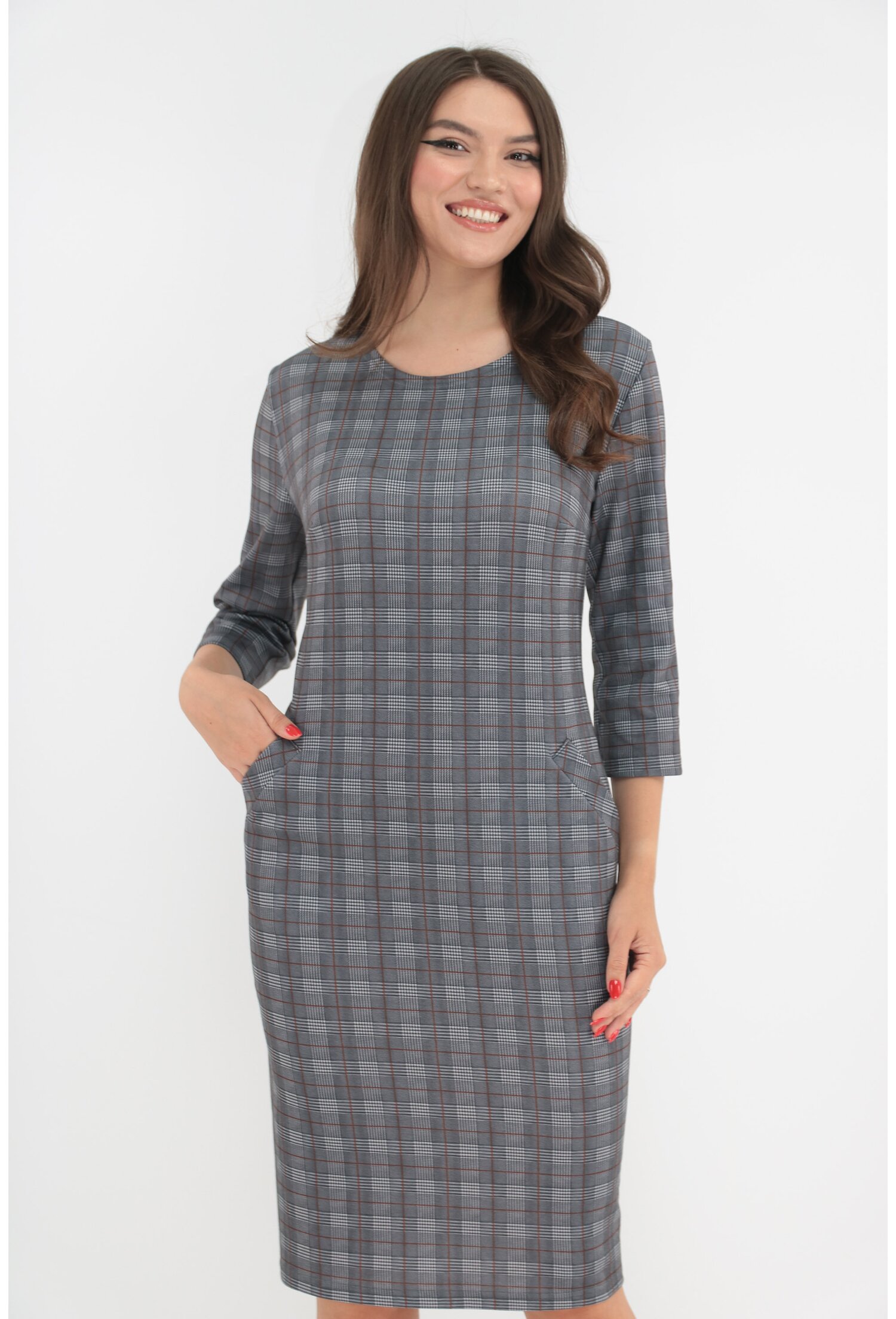 Rochie dreapta cu buzunare in carouri maro - Rochii office