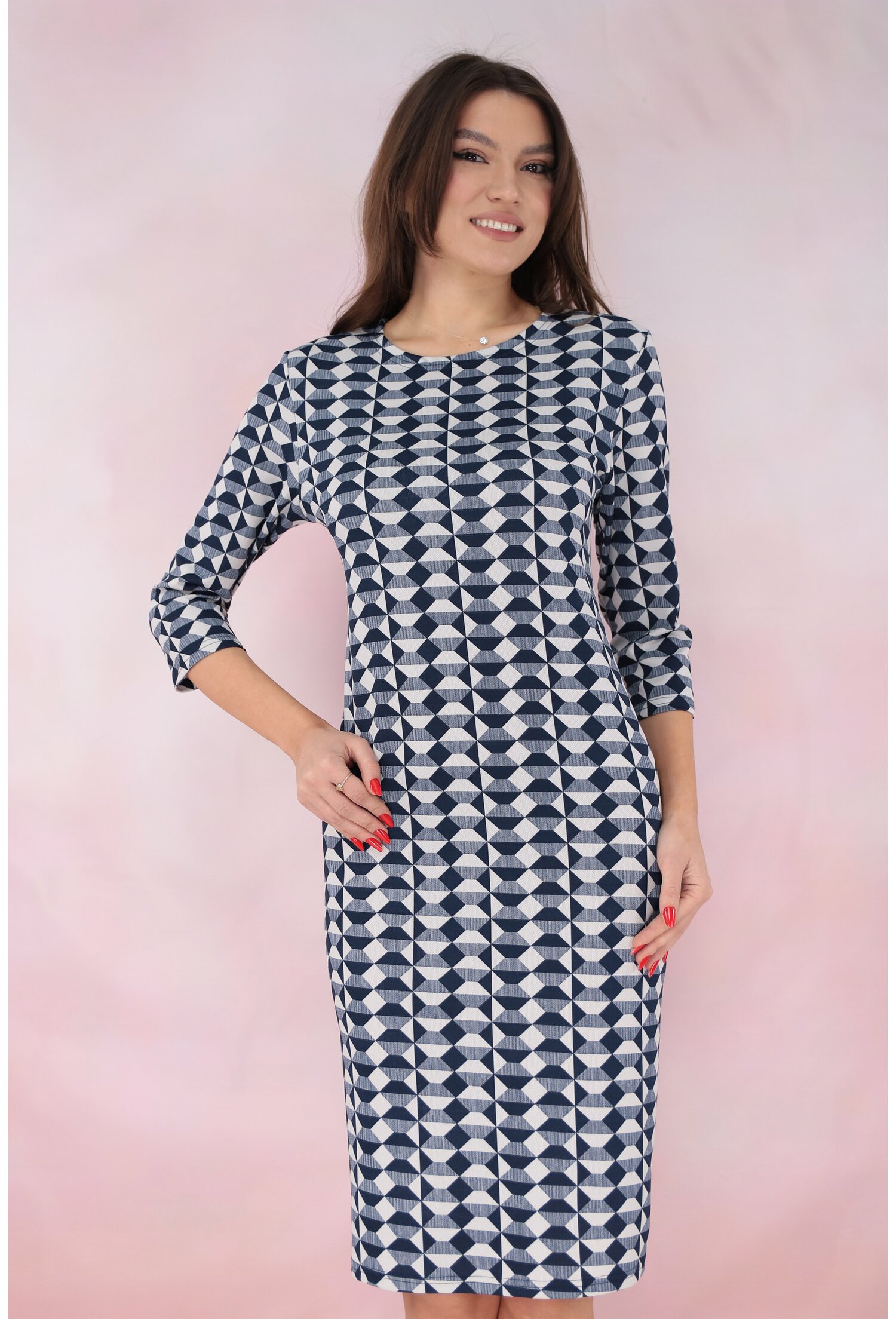 Rochie dreapta cu model geometric bleumarin-alb