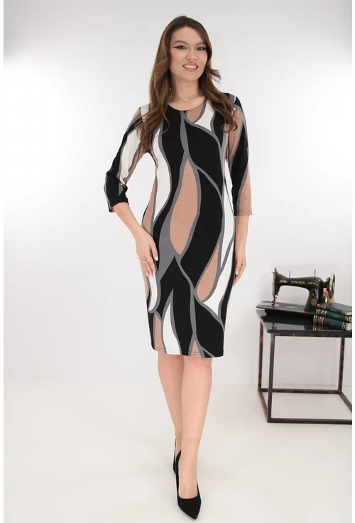 Rochie dreapta cu print abstract negru-bej