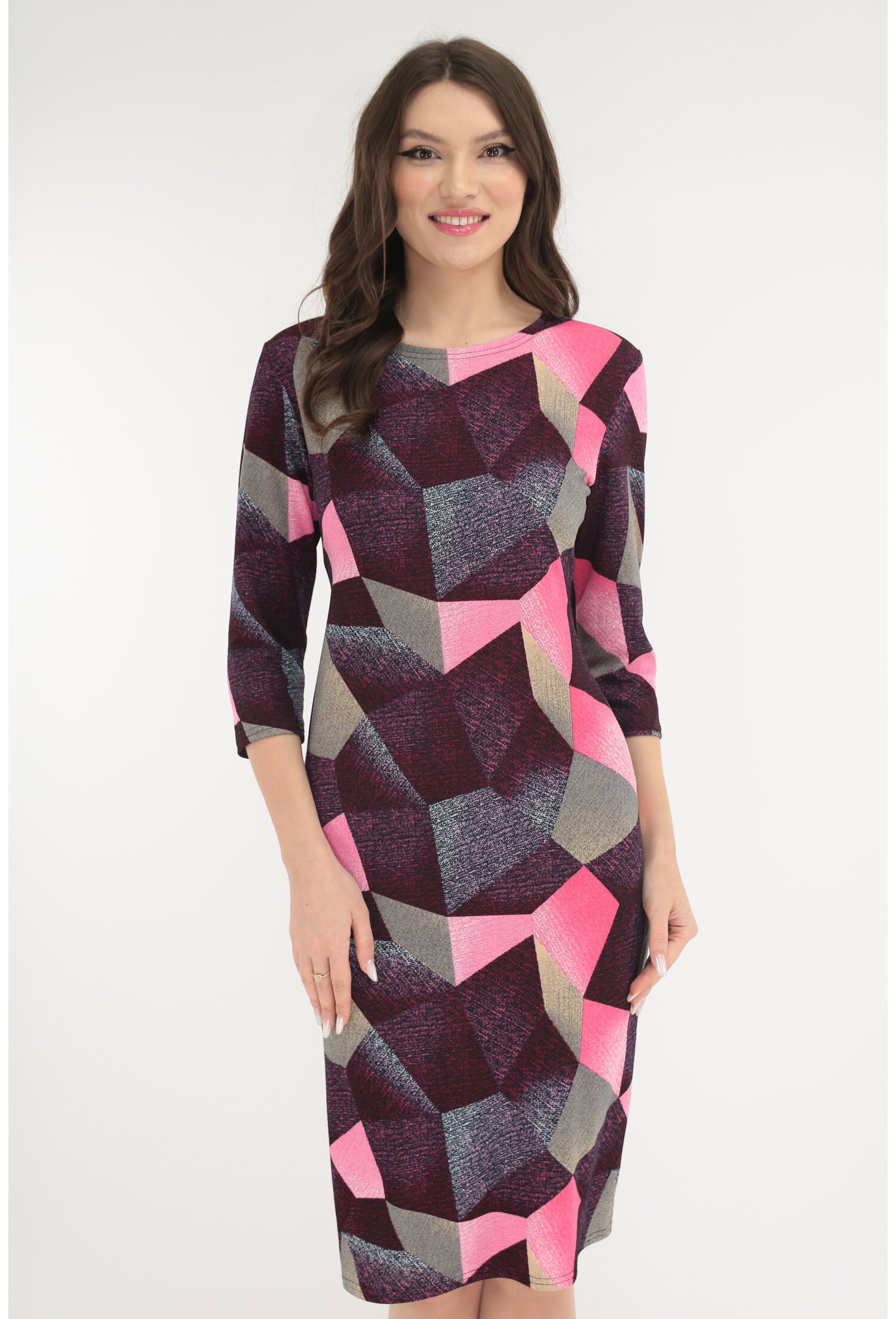 Rochie dreapta cu print abstract roz-grena