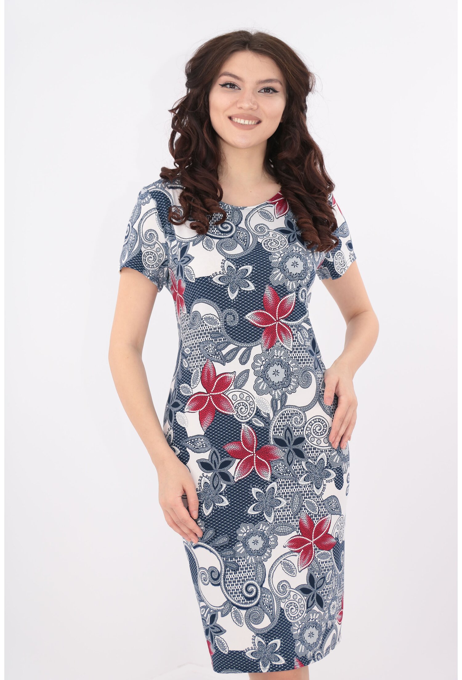 Rochie dreapta cu print floral bleumarin-rosu