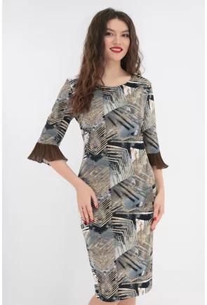 Rochie dreapta cu print geometric olive si volane plisate