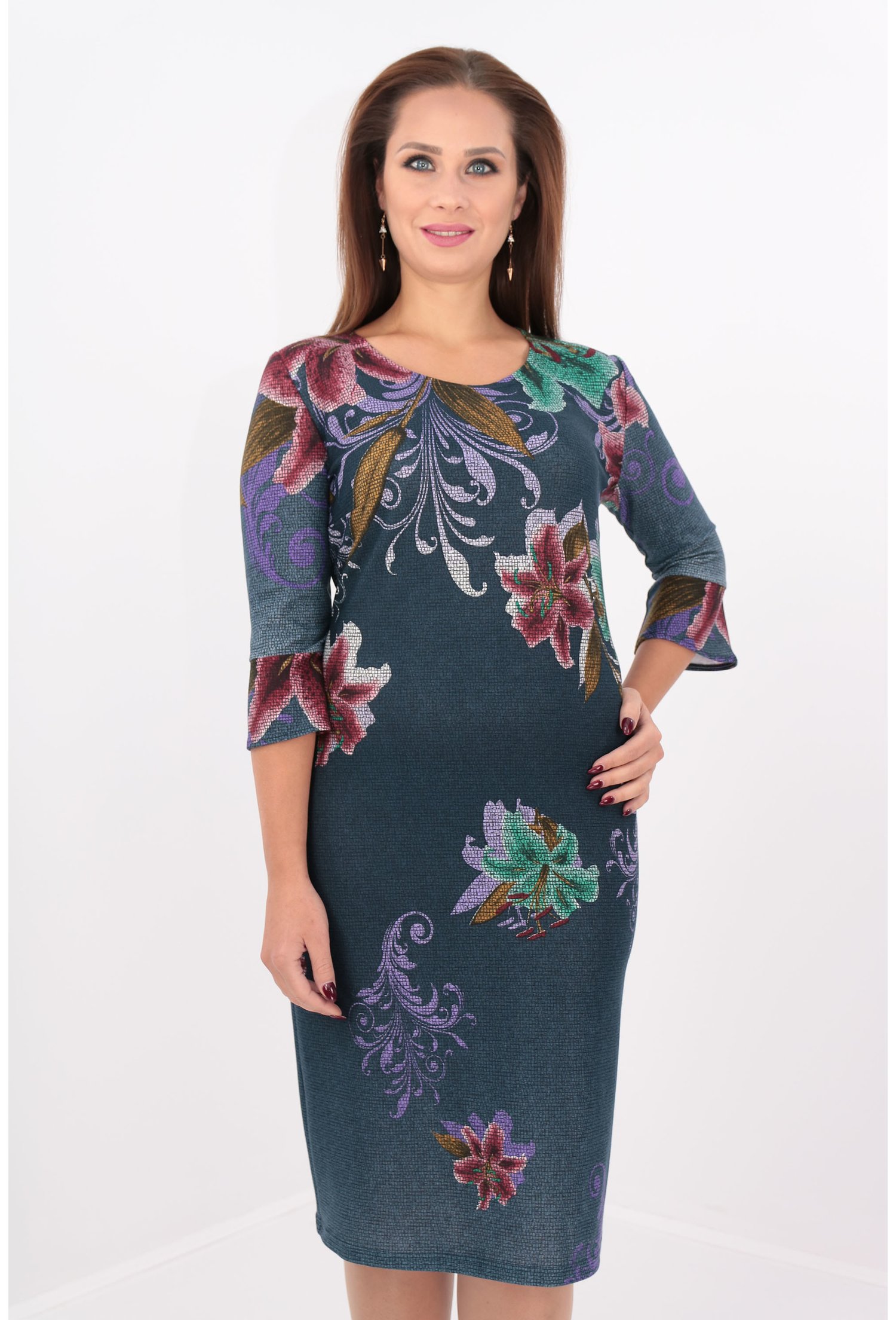 Rochie dreapta din jerse bleumarin cu print floral