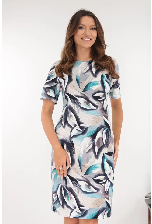 Rochie dreapta gri cu imprimeu abstract alb-turcoaz