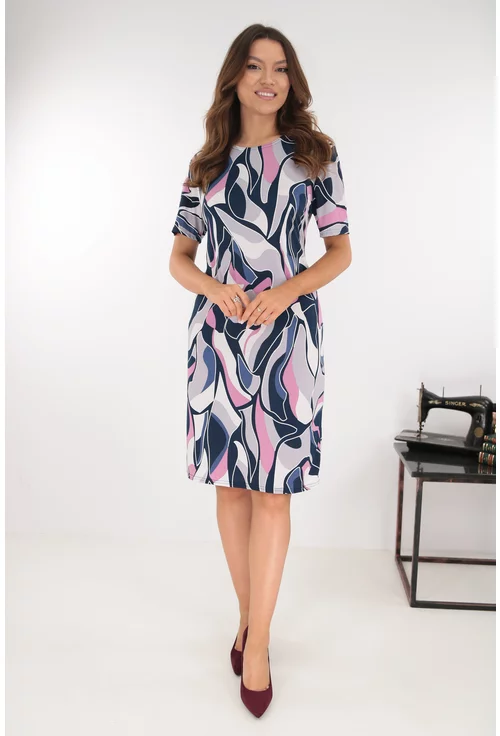 Rochie dreapta gri cu imprimeu abstract bleumarin-roz