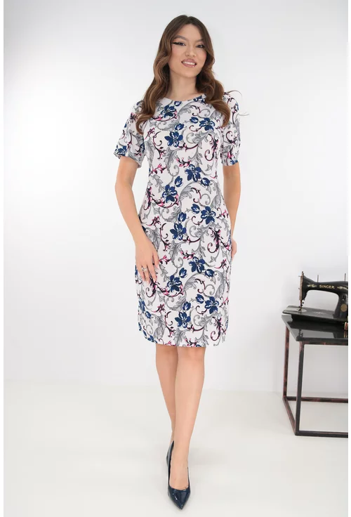 Rochie dreapta gri cu imprimeu floral roz-bleumarin