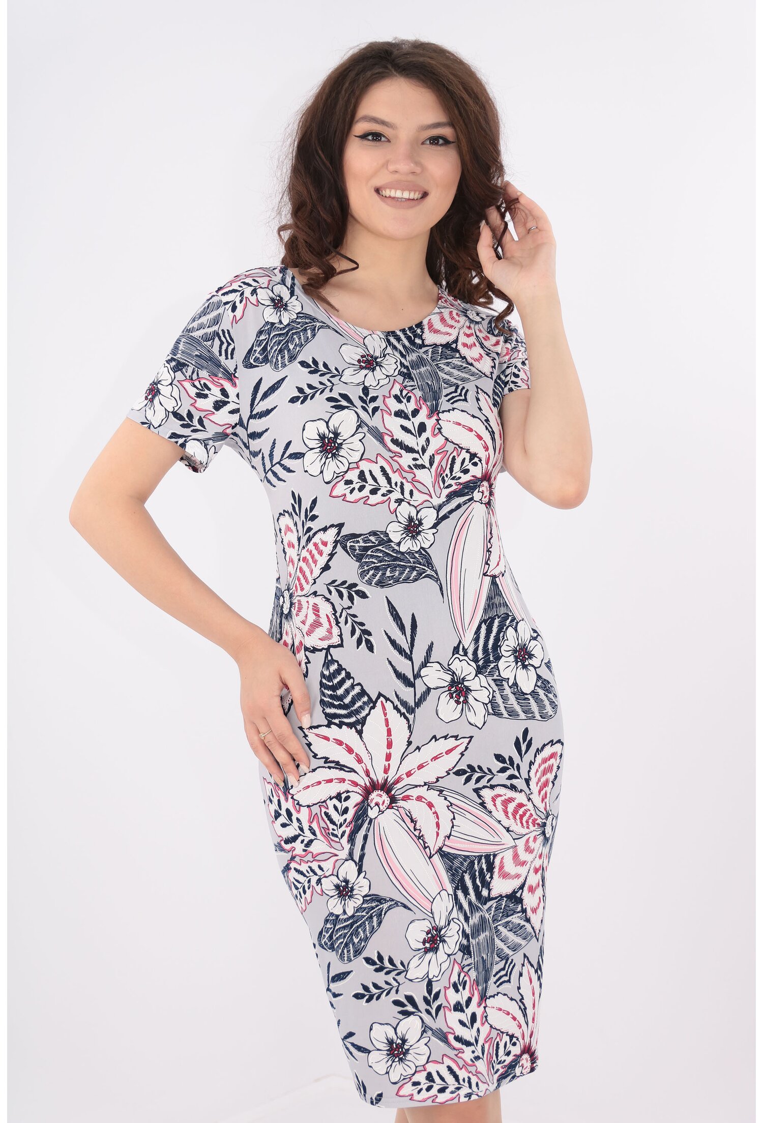 Rochie dreapta gri cu print floral