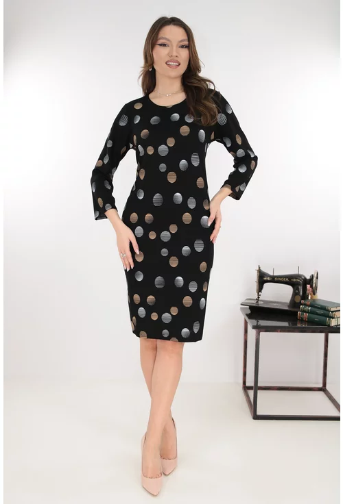 Rochie dreapta neagra cu buline gri si bej
